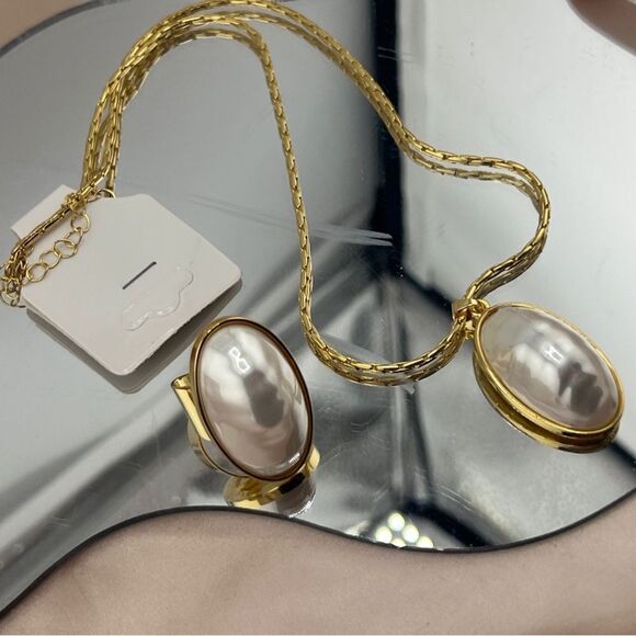 Gold-Tone Pearl Necklace and Ring Set - Picture 8 of 9